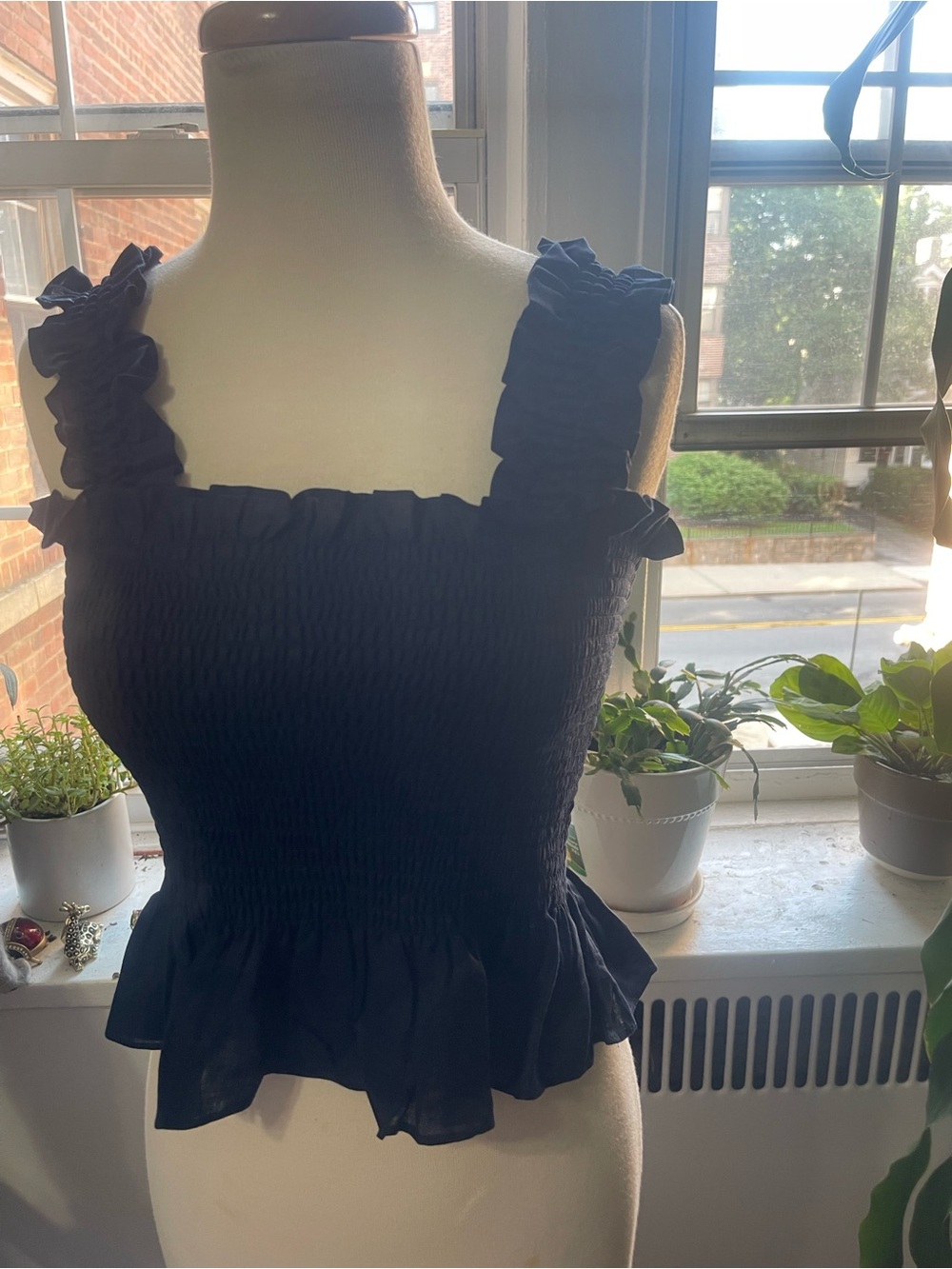 Quince Black Smocked Ruffle-Strap Peplum Crop Top